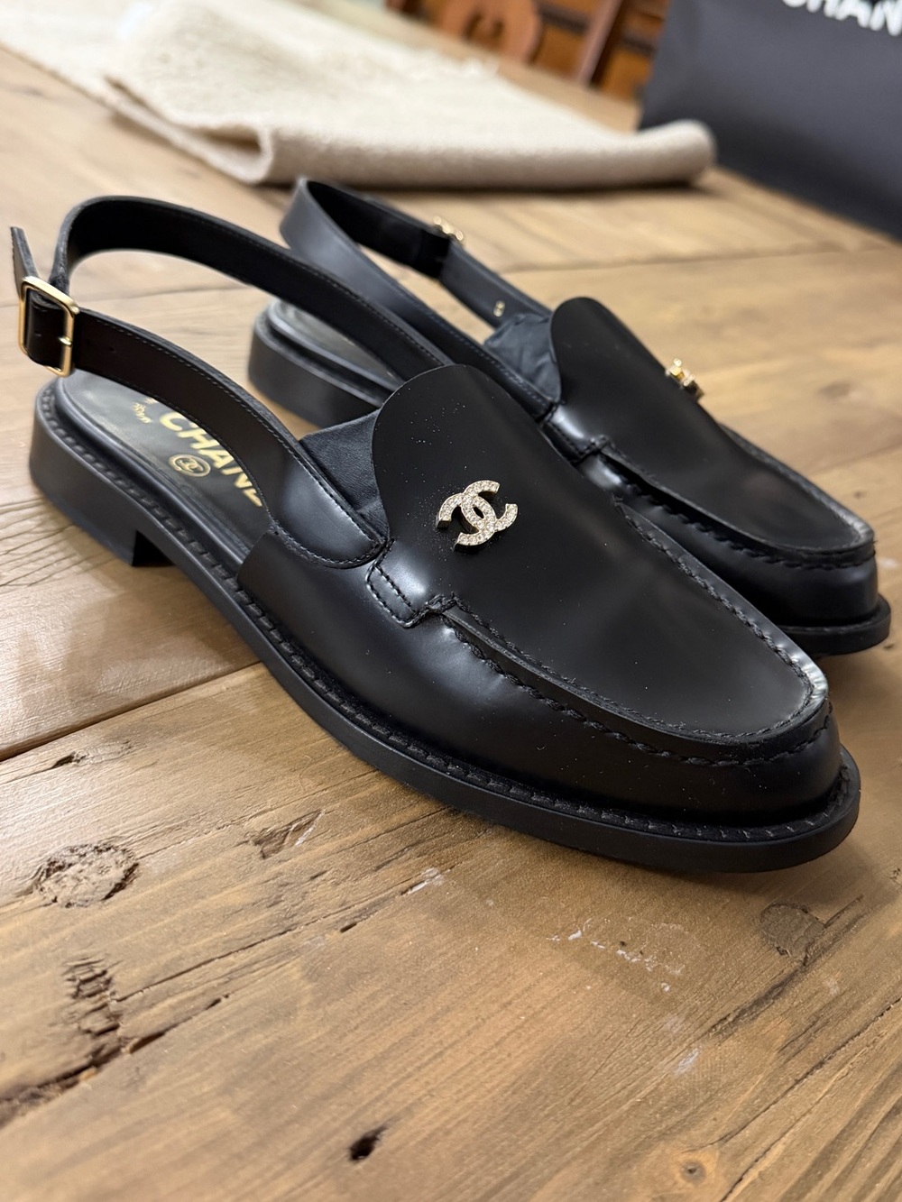 CHANEL Black Leather Slingback Loafers with Gold CC Logo